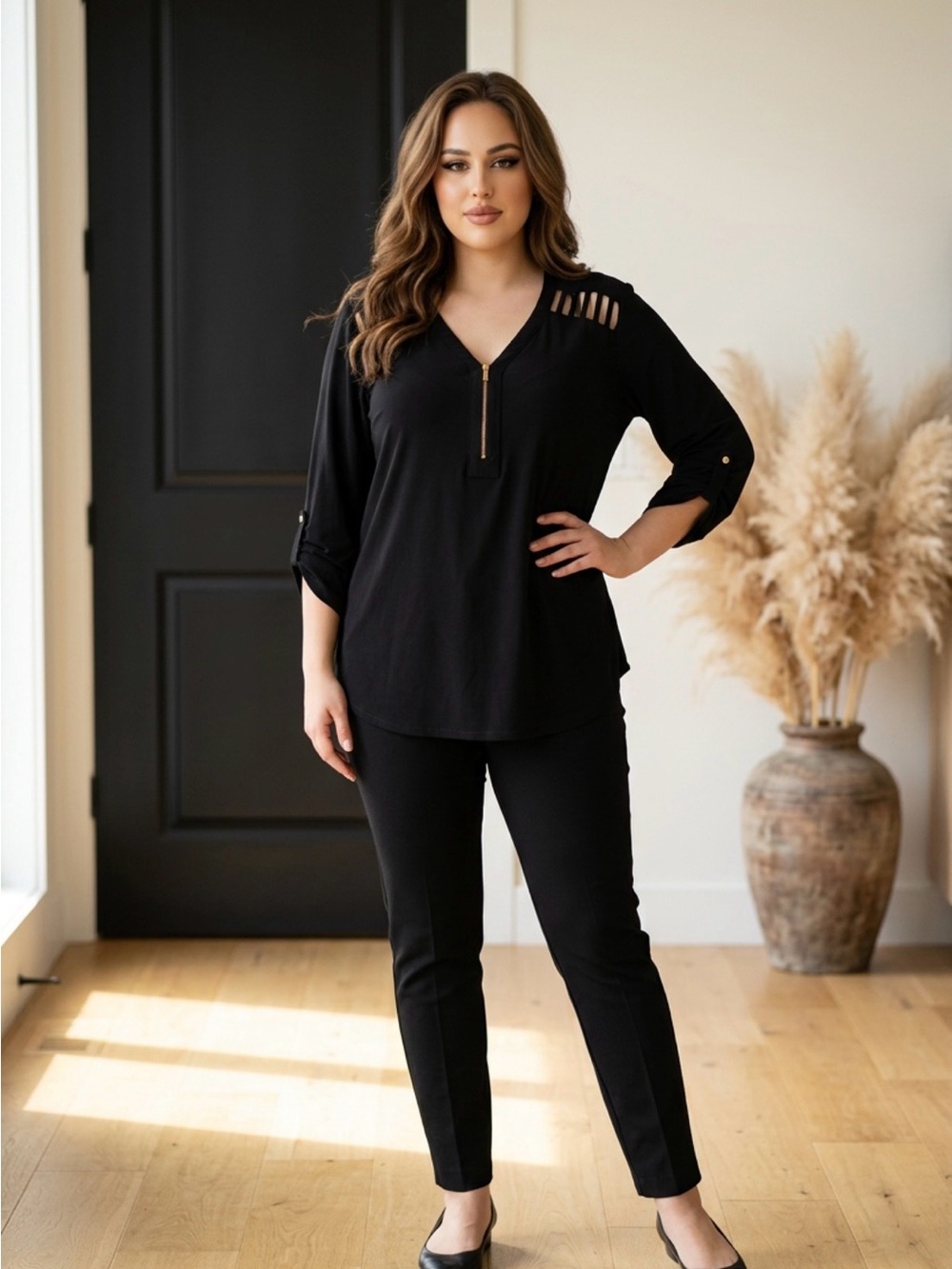 Perch By Blu Pepper Black Zip-Front Tunic With Shoulder Cutout Slits.